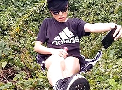Cute French-asian Gay Twink Jerks Off His Shaved Cock Outside Cums Thick Cum Sticking To His Fingers
