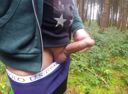 Horny Guy Pisses and Jerks His Big Cock in the Forest Until It Squirts.