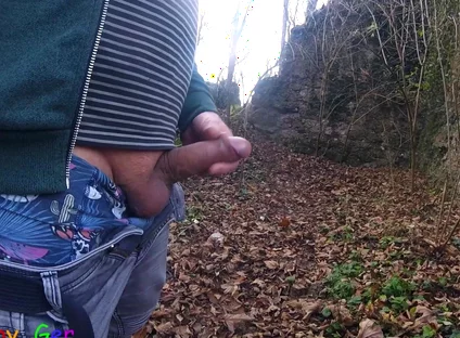 Outdoor, While Exploring a Castle Ruin, I Pleasurably Masturbate My Thick Cock.