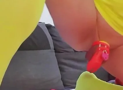 British Dilf Locked in Chastity and Anal Dildo Riding