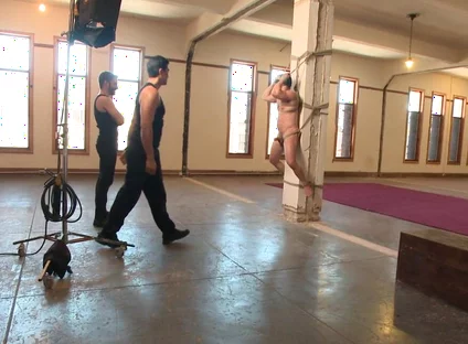 Suspended Upside Down, Latin Bodybuilder Has His Fat Cock Edged
