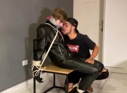 Bound leather boy cum load