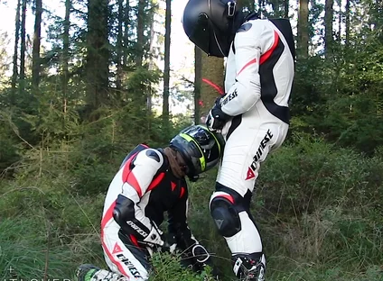 Bikers wank outdoos with cum on helmet