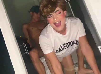 Femboy Plays in the Bathroom and Gets Fucked by the Guy She Met on Grindr