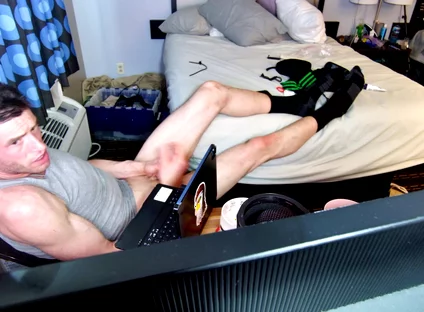Jerk off with Feet on Bed with Socks Pulled to Calves as I Bust Grunting Hard in Chair