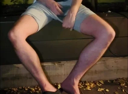 Amateur Twink in Adilette Sandals Wets Himself in the Garden and Takes His Cock Out