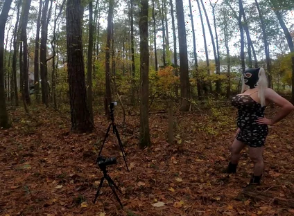 Giant Fake Tits Crossdresser Walk in the Woods Behind the Scenes Photo Shoot