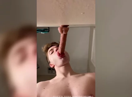 Cock Hungry Twink Slobbers on Giant Dildo!