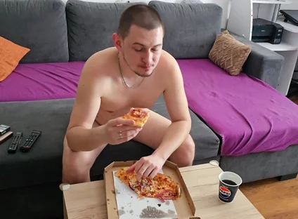 Eating Pizza and Watching TV Completely Naked