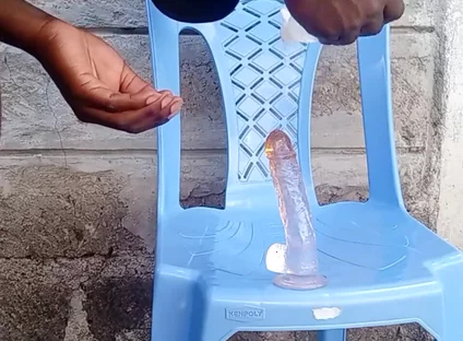 Big Black Ass Bottom Riding His Dildo Outside