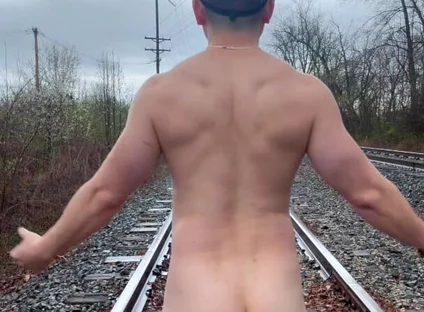 Rain-soaked Railroad Exhibition Muscular Asian Hunk Strips, Flexes, Cums Hard & Marks His Territory