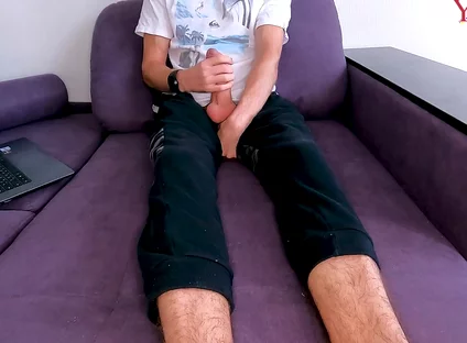 Dressed Guy Caresses His Big Cock, Moans and Cums