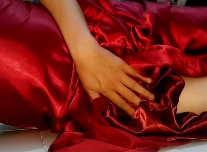 Pulsating Cum Into Red Satin Long Gown