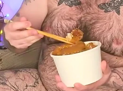 Stepdaddy Stuffs His Face with a Takeaway and Enjoys It so Much He Wanks with the Sauces!