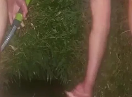 Clean Pressure Enema with Ass Lips and Pissing - Outdoor Garden Hose Anal