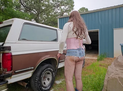 Bearded Giant Fakes Tits Crossdresser Car Wash
