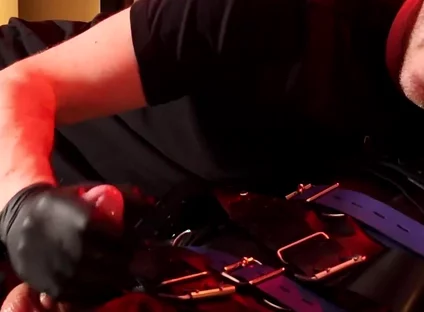 Edging the Boy in Leather Bondage but He Is Not Allowed to Orgasm