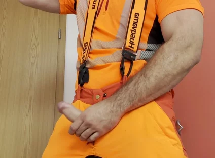 Lumberjack in Hivis Jerks His Huge Cock and Muscle Worship