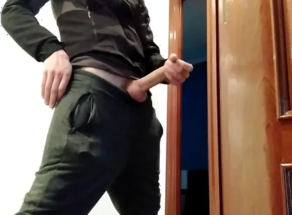 Handjob From Hot Amateur Guy with Big Cock, Shoots at the Door