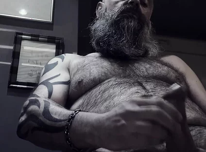 Bearded Stepdad Smoking and Shooting Cum