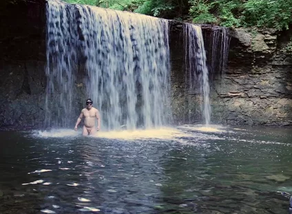 Muscular Asian Hunk Flexes in Speedo by Waterfall - Tight Ass & Hole Tease, Strips Naked & Explodes with Massive Cumshot