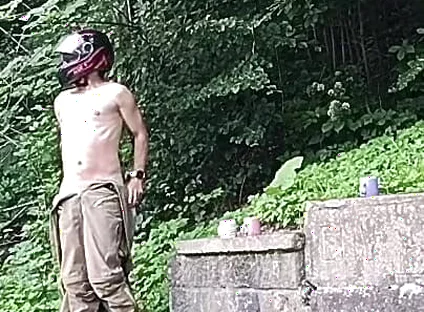 Jerking off in Public on the Road Near a Spring, Caught by a Young Man Masturbating Completely Naked