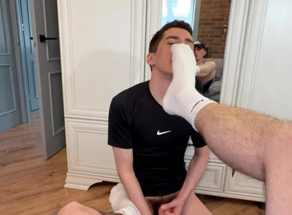 Sniffs Sneakers and Socks, Licks Feet and Gets Dick in the Ass