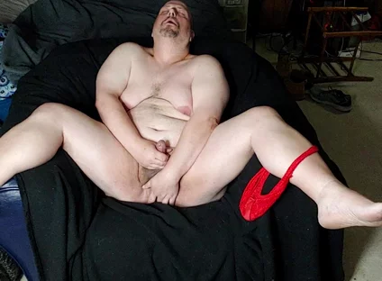 Chubby Guy Jerks off Wearing Lace Thong