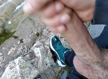 Handsome Gives Perfect Cumshot From Nice Big Hard Cock Spit in Front of River Waterfall