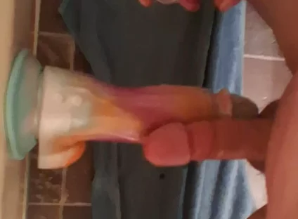 Rubbing Cocks with Huge Vibrating Dildo