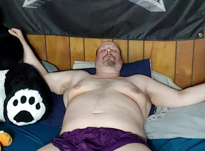Chubby Guy Jerks off Wearing Women's Lingerie