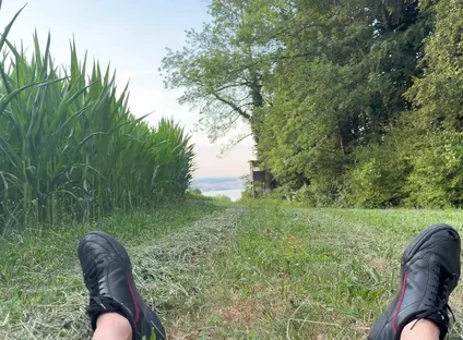 Risky Bwc Stroking Outdoors on Meadow with Lake View - Big Cumshot