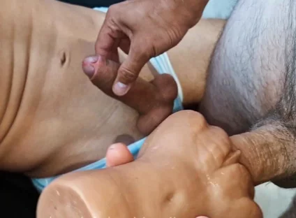 Femboy's Pussy Holes Filled with Cum From Two Huge Cocks