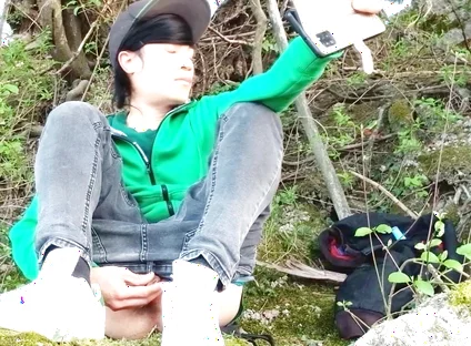 Risky Masturbation Outdoors a Man's Voice Caught This Cute Gay Twink with His Balls Hanging Out, Jerking off His Uncut Foreskin
