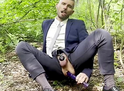 Suited Gentleman Is Spreading Legs Like Slut And Plays With His Malepussy With Locked Dick With Power Bottom