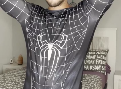 Big Cumshot with My Big Cock and No Hands! Spiderman Outfit