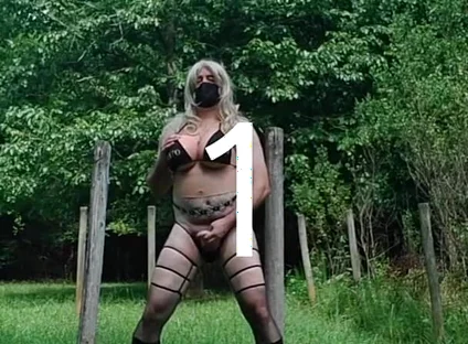 Huge Fake Tits Crossdresser in a Bikini Outside Jacking off
