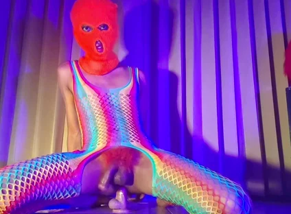 Orange Balaclava Mask Sissy Trans Dyed Pubic Hair Fuck Myself with Dildo
