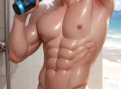 Soft Kawaii Boy in Beach Shower with Pastel Pink Hair