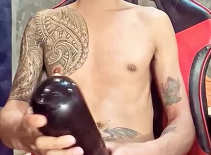 Pinoy Horny Inked Twink Playing with His Masturbator Toy