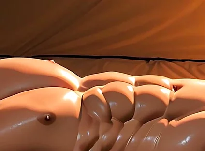Roided Asian Hunk Lying in Luxury Tent Under Stars at Sunrise