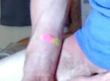 Jerking off with Blue Beater on, Standing up Near Camera
