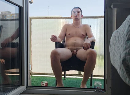 Exhibitionist Enjoys His Cigarette and Coffee Naked on the Balcony