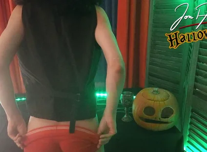 Twink Devil Jon Arteen Does Halloween Striptease, Crossdresses, Shows His Smooth Ass, Strokes His Glans, Jerks off Cock