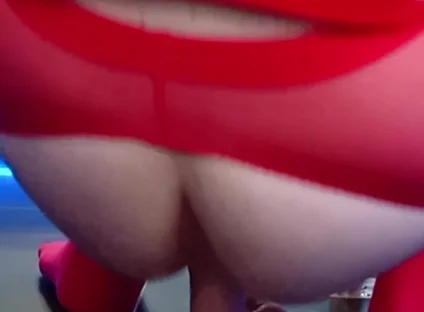Just the View From Behind. Red Stockings, Open Hole, and a Dildo Waiting on the Floor