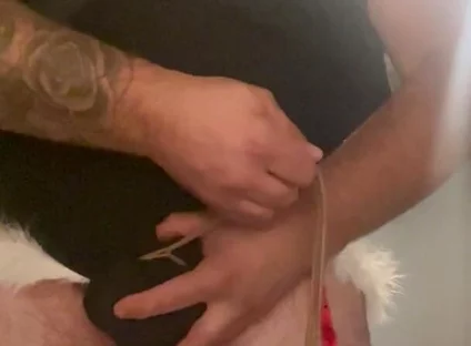 Cock Bondage with Crossdress and Additional Bondage Hands Cuffed to Collar with Butt Plug Insterted